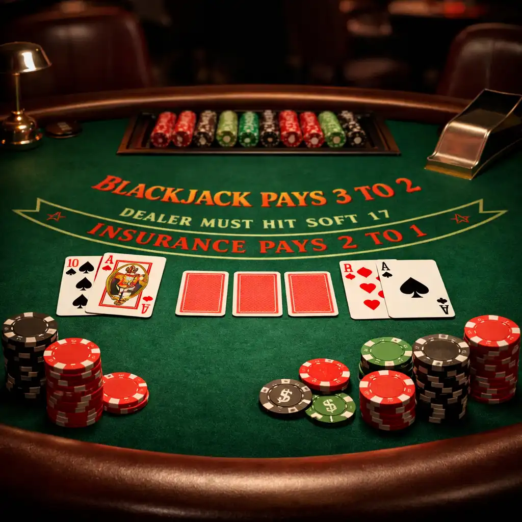 Table de blackjack avec cartes et jetons dans une ambiance élégante