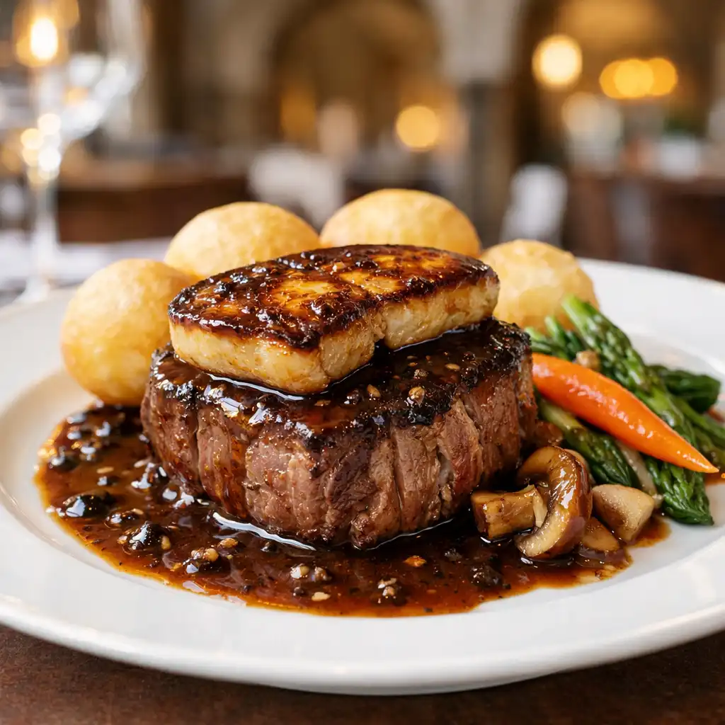 Filet de bœuf Rossini avec foie gras poêlé et sauce Périgueux