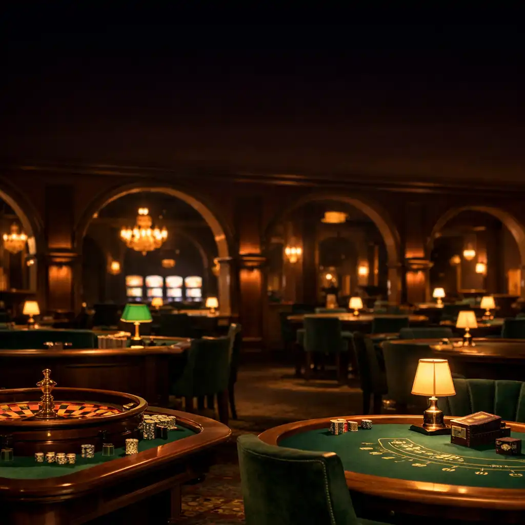 Ambiance feutrée d'un casino élégant avec des tables de jeu et des arches architecturales