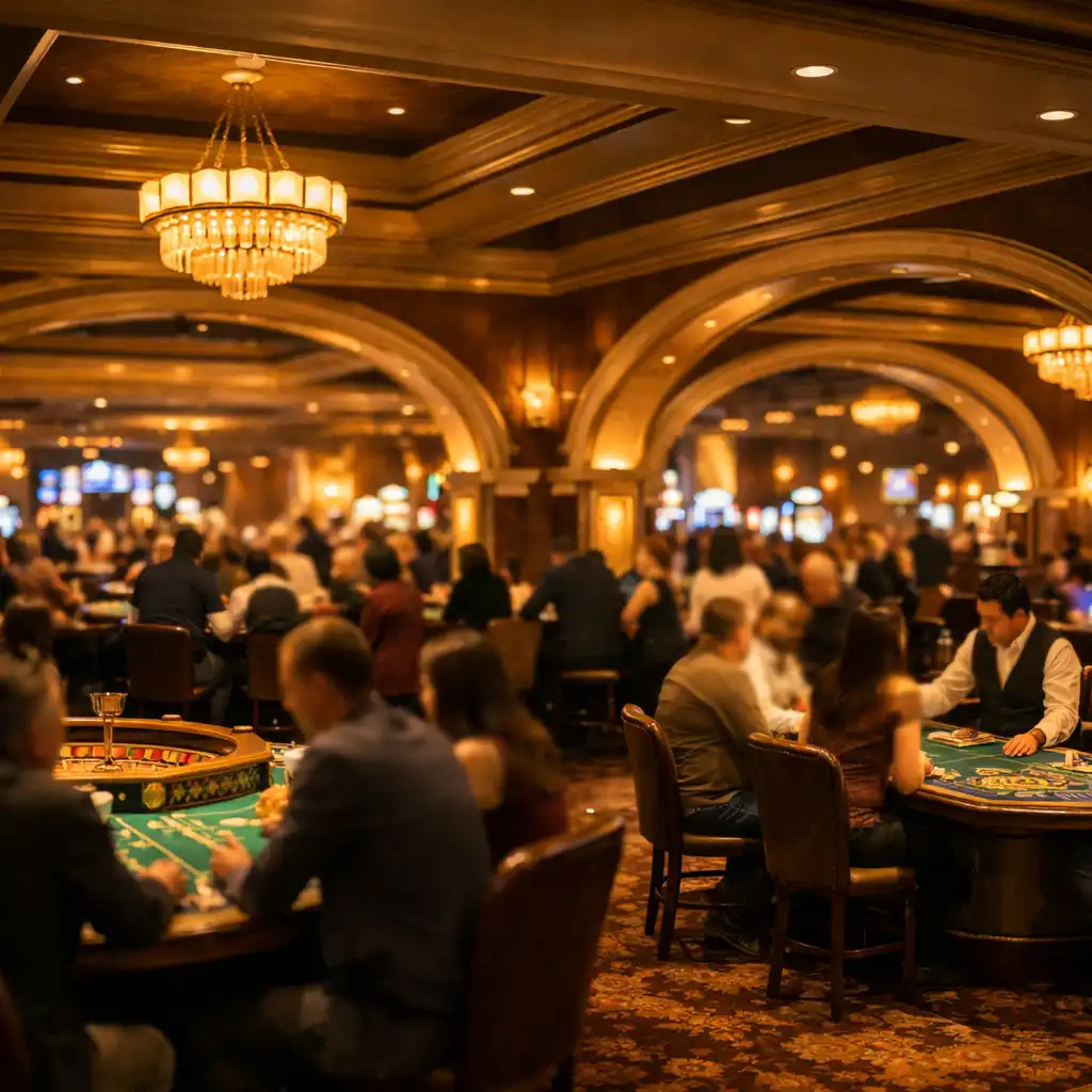 Ambiance générale du casino avec silhouettes de joueurs et tables de jeu