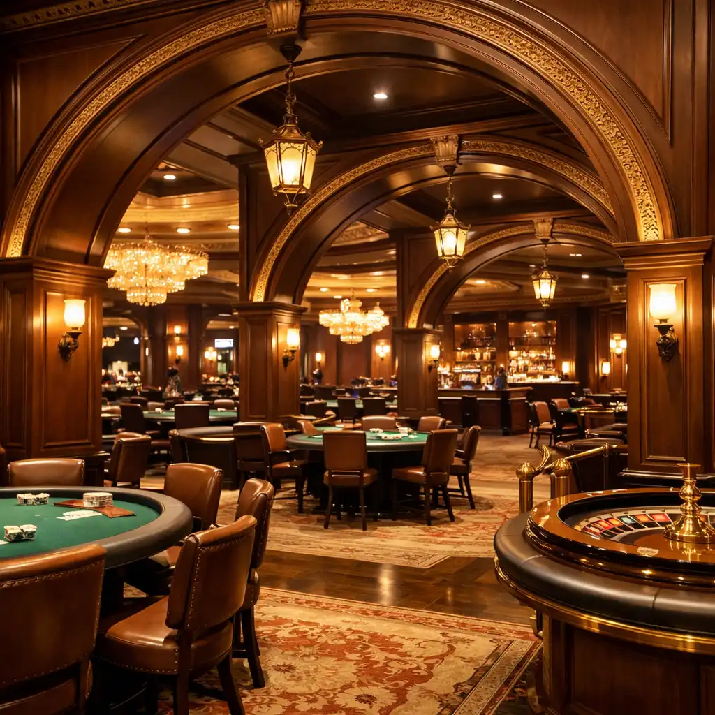 Intérieur du casino avec arches décoratives et tables de jeu dans une lumière chaleureuse