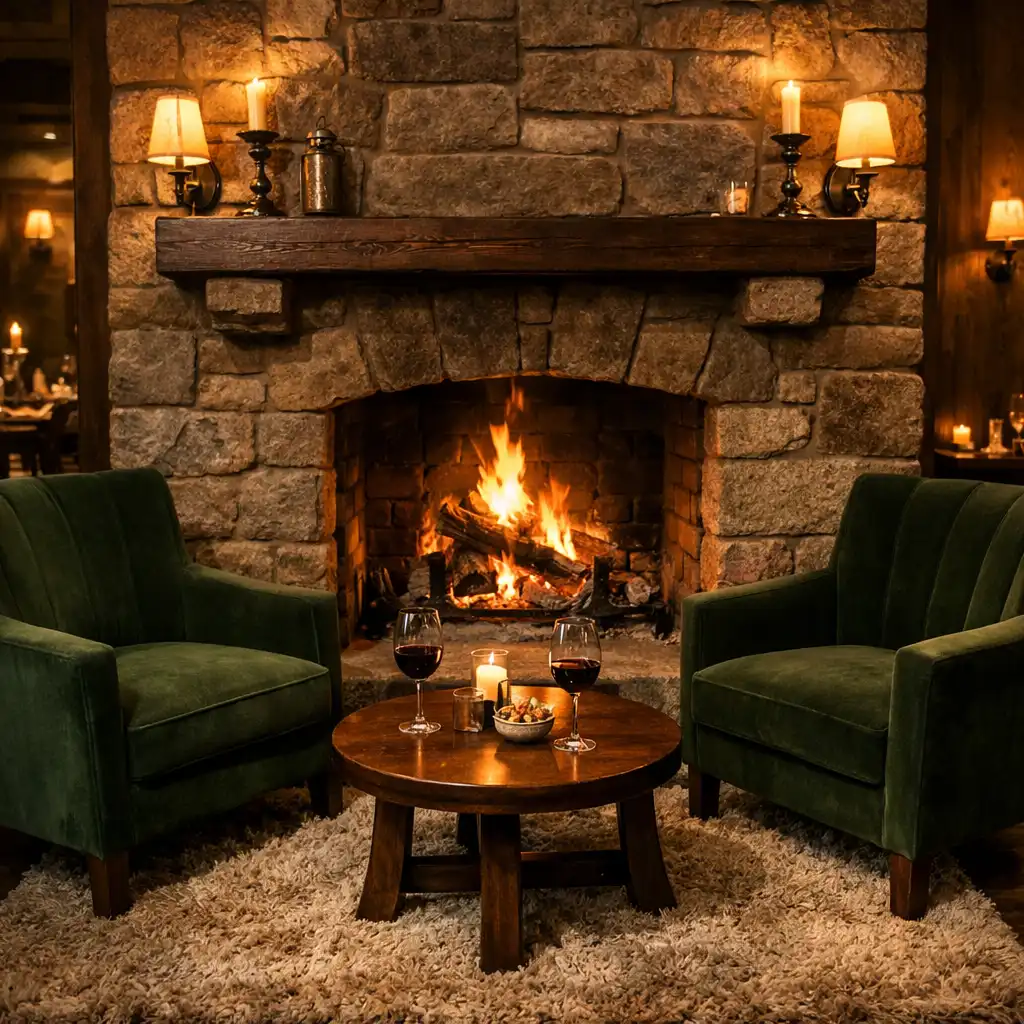Coin cheminée avec feu de bois et fauteuils en velours forest-green