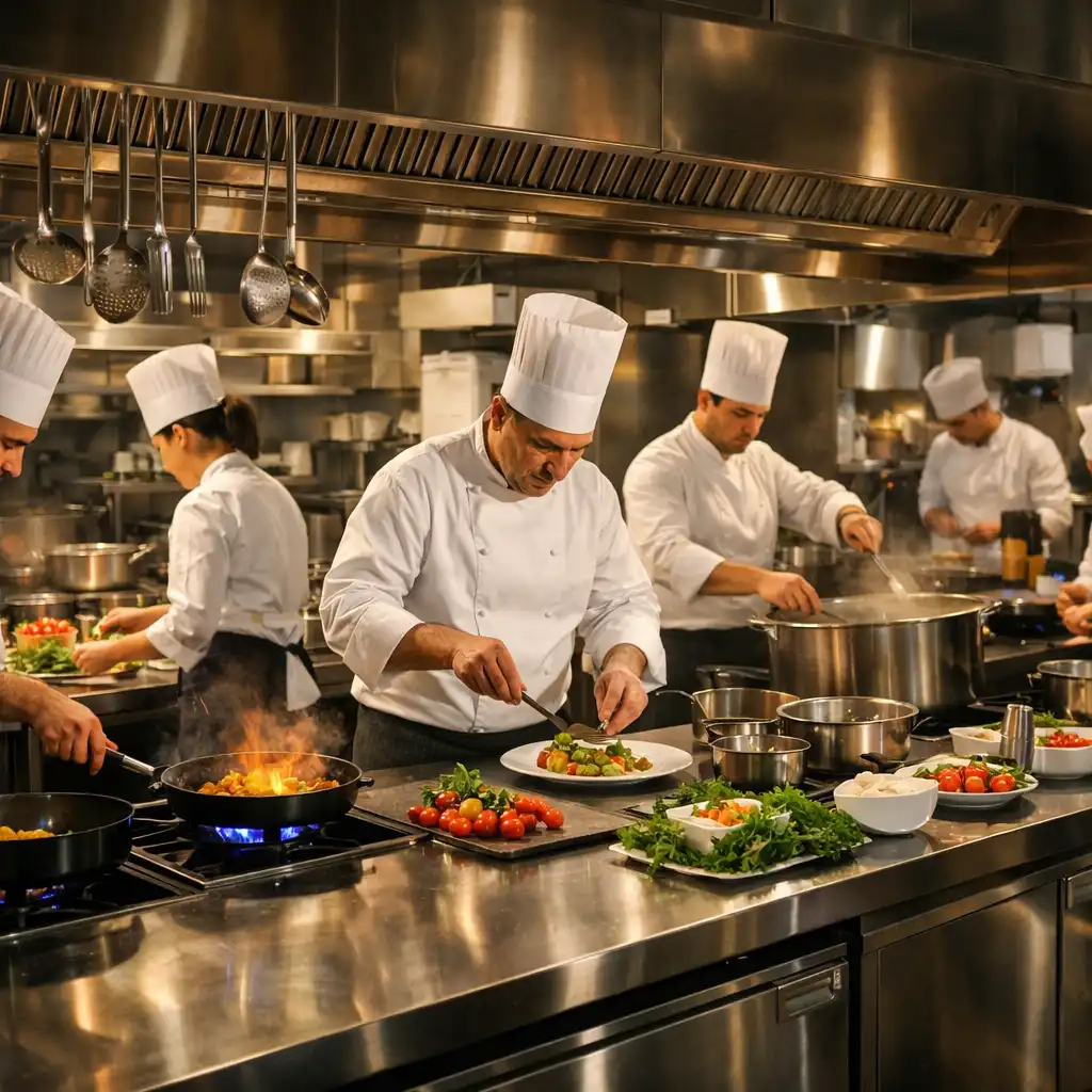 Brigade de cuisine professionnelle en action dans une cuisine moderne