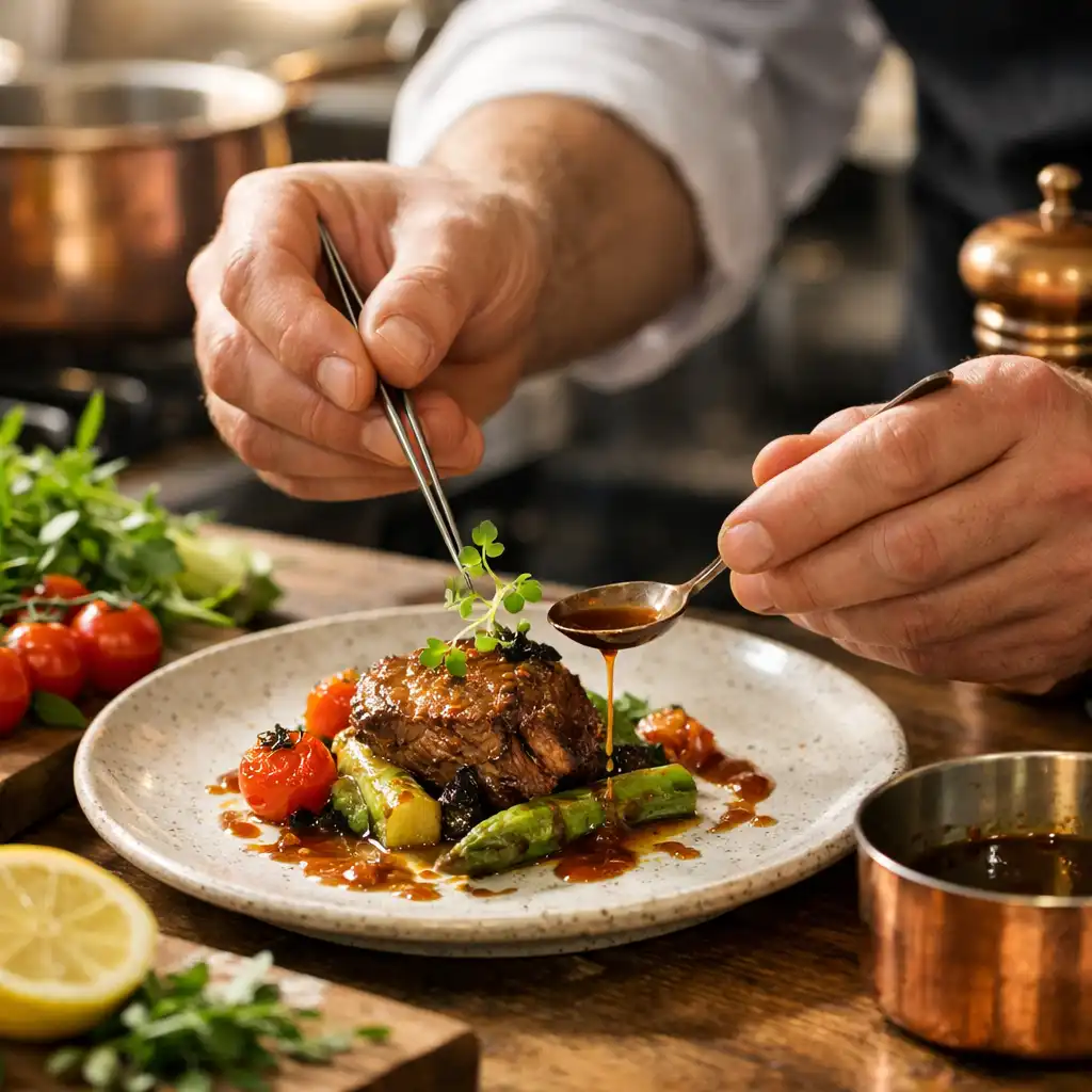 Chef préparant un plat gastronomique avec des ingrédients frais