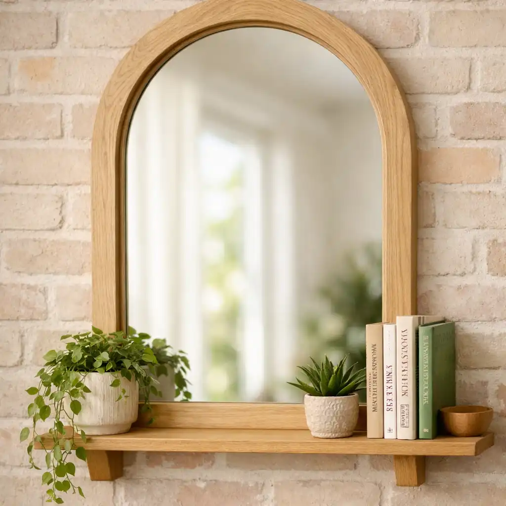 Détail de décoration : arche en bois clair encadrant un miroir sur un mur en brique douce
