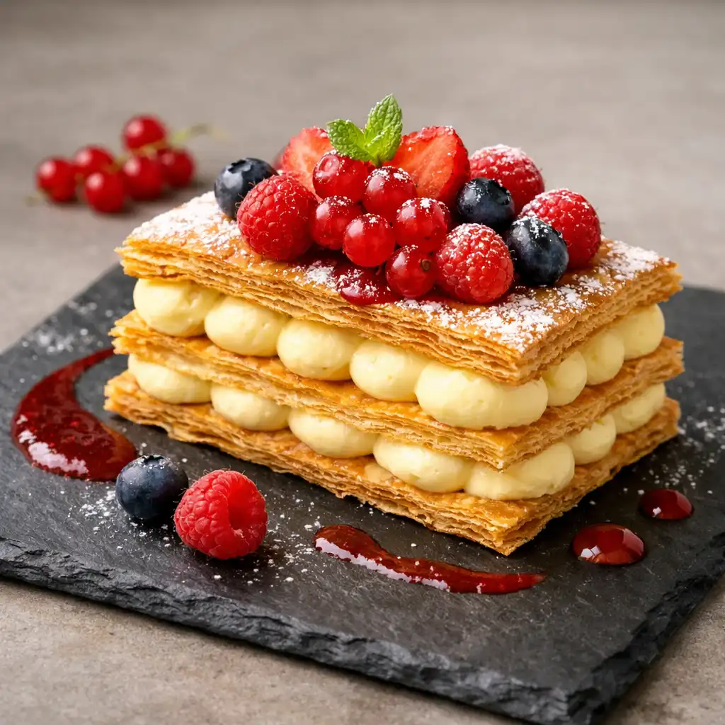 Millefeuille vanille aux fruits rouges et coulis
