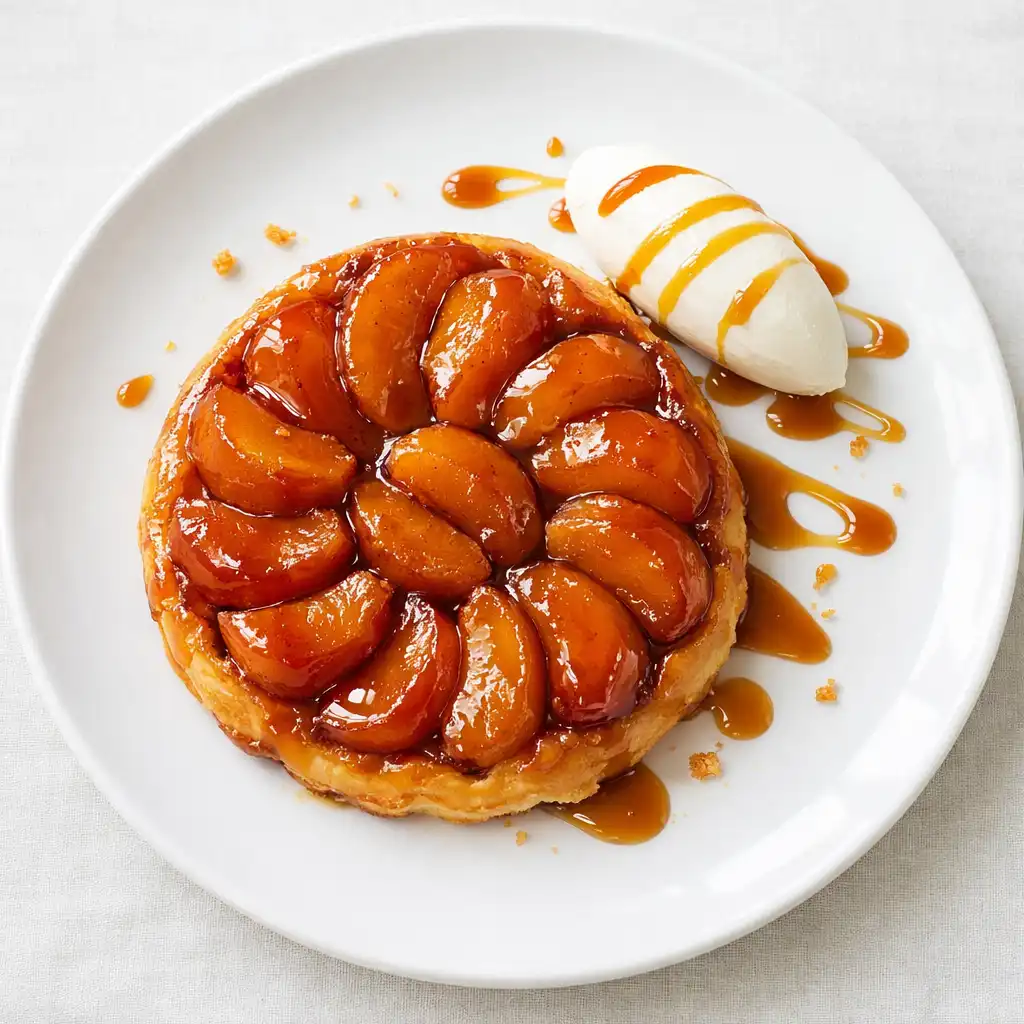 Tarte Tatin avec crème fraîche et caramel beurre salé