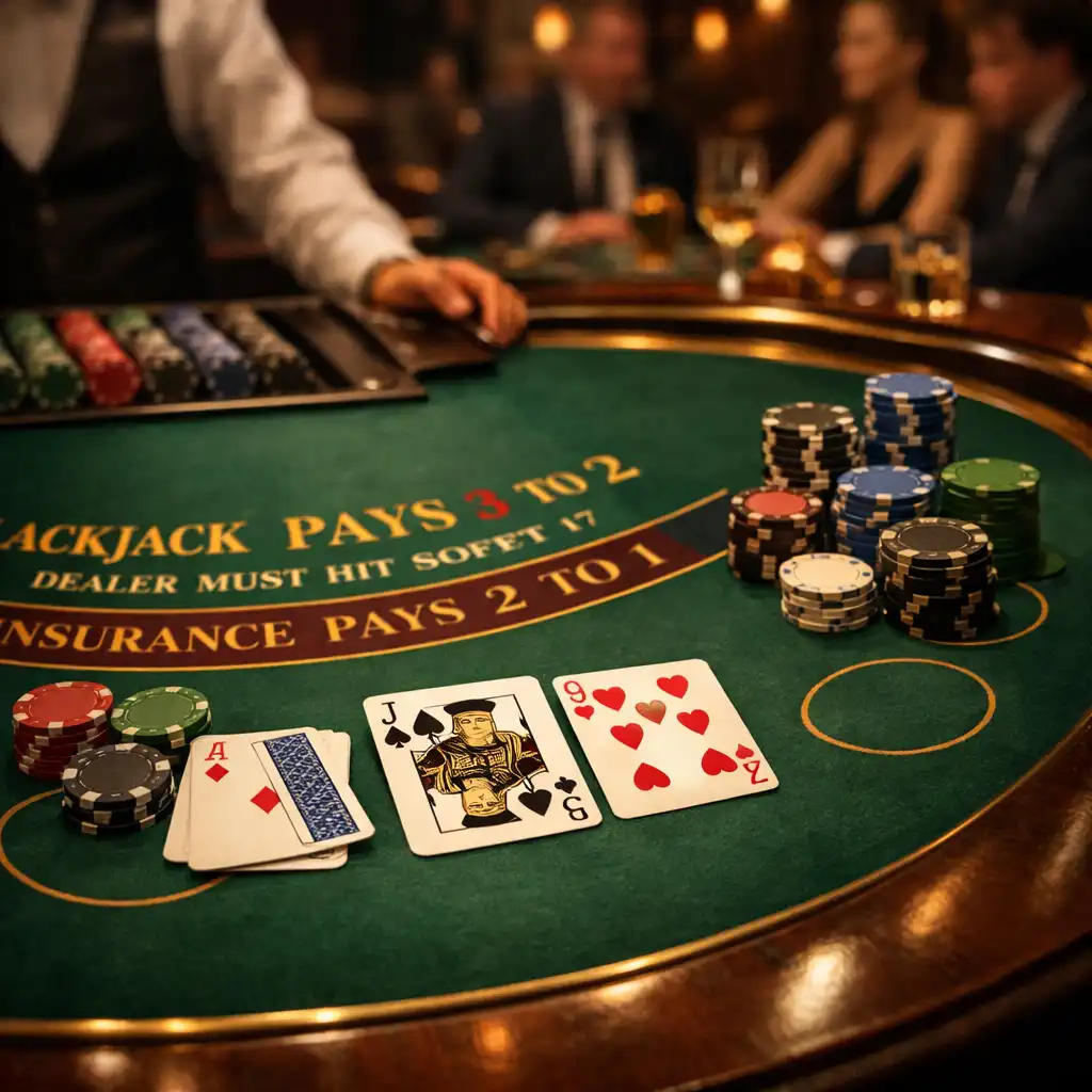Table de blackjack élégante avec cartes et jetons dans une ambiance feutrée