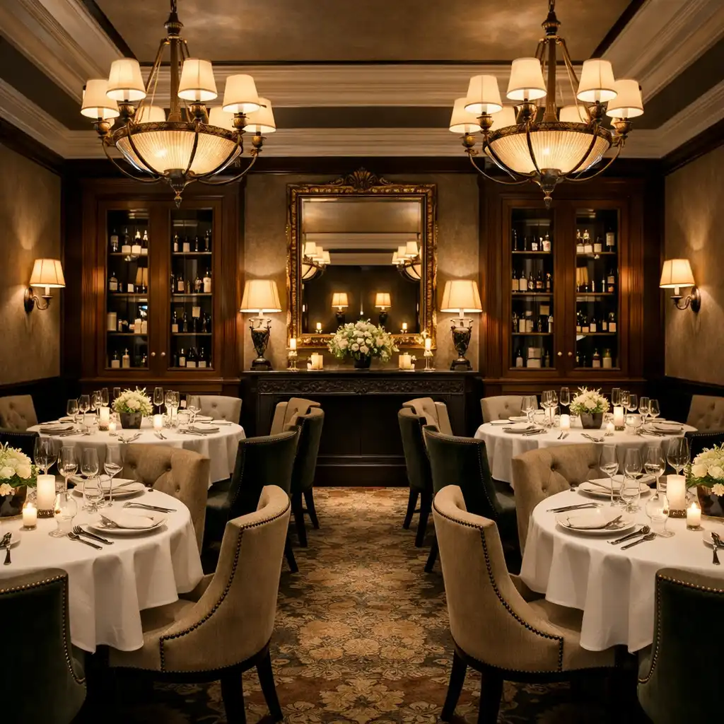 Salle de réception privée avec tables dressées et éclairage chaleureux