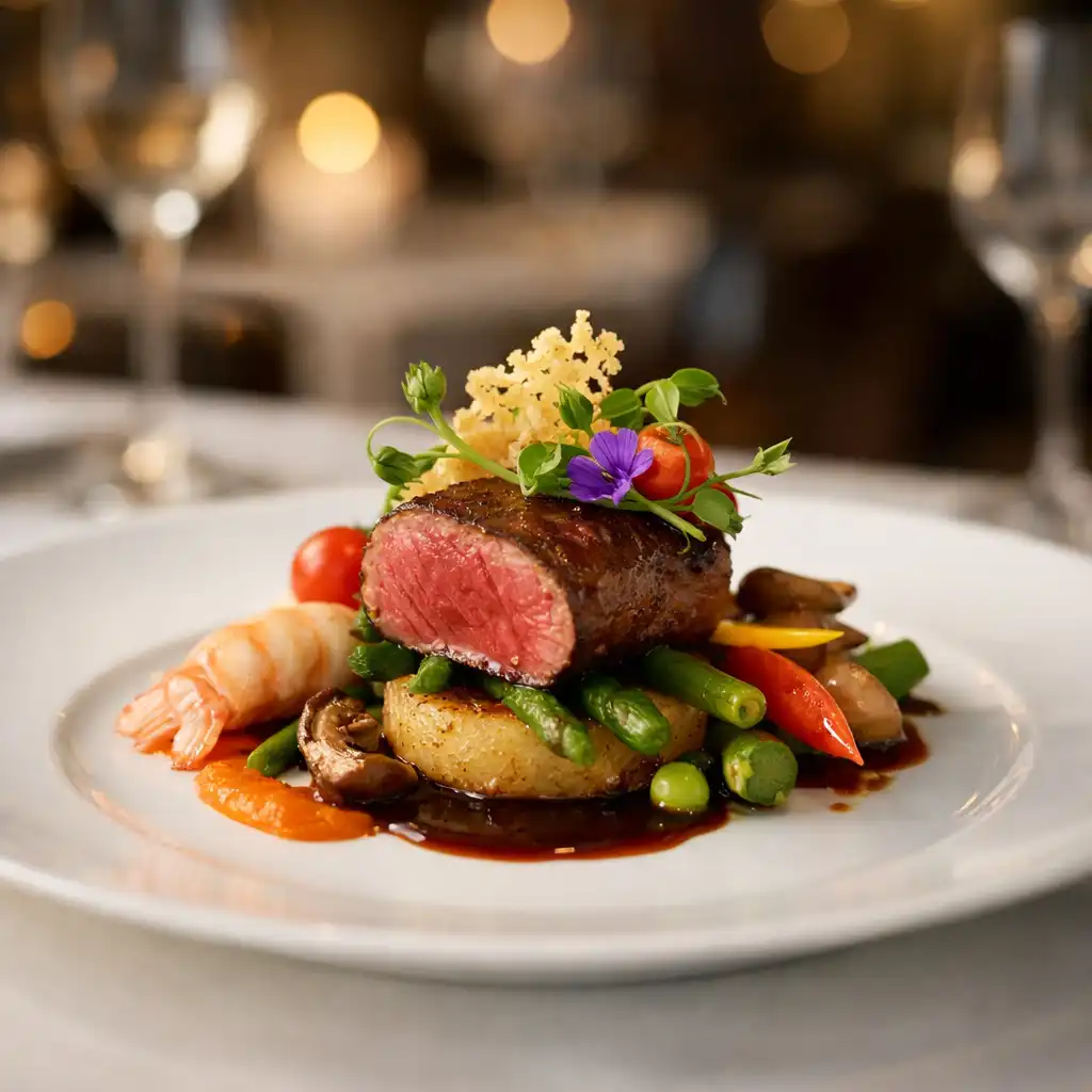 Plat gastronomique français élégamment dressé sur une assiette en porcelaine blanche