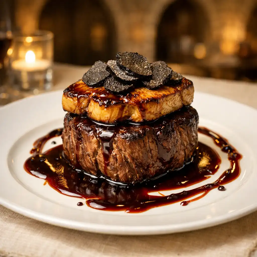 Filet de bœuf Rossini avec foie gras poêlé, lamelles de truffe noire et sauce au vin rouge