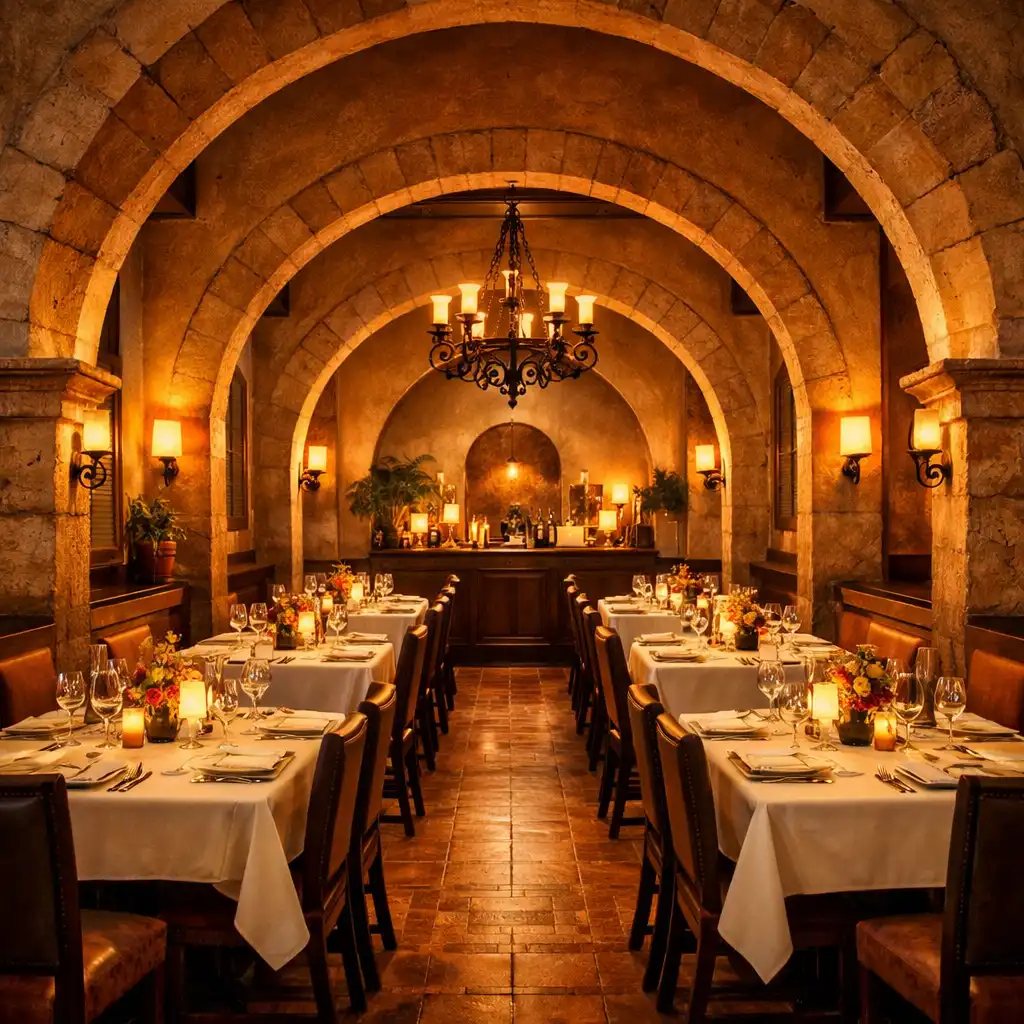 Intérieur du restaurant avec arches et tables dressées