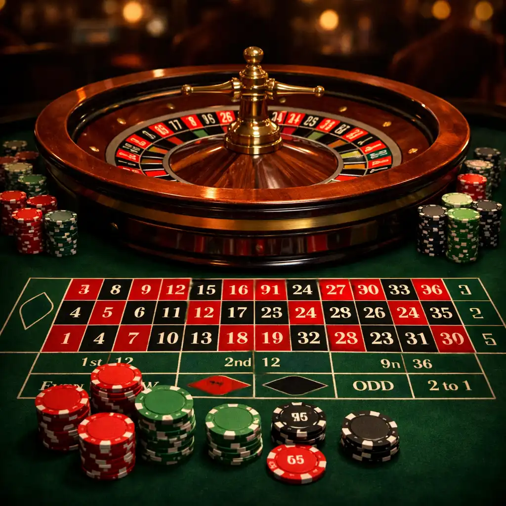 Table de roulette avec roue et jetons