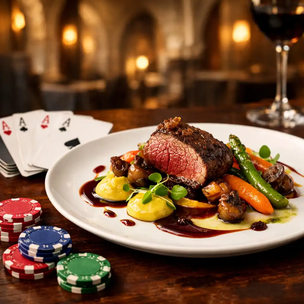 Plat gastronomique français élégamment dressé à côté de cartes et de jetons de poker