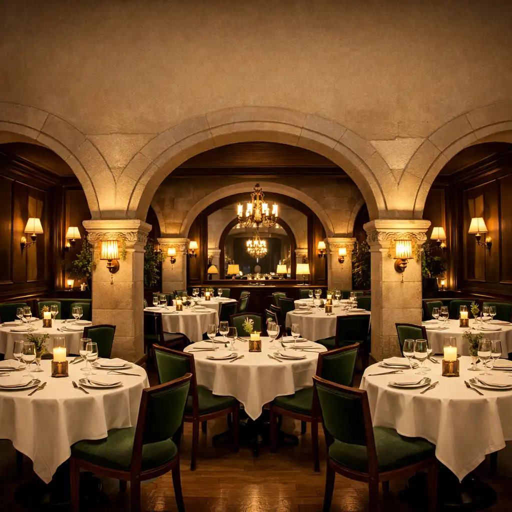 Intérieur élégant du restaurant Saveurs de la Maison avec arches architecturales et tables dressées