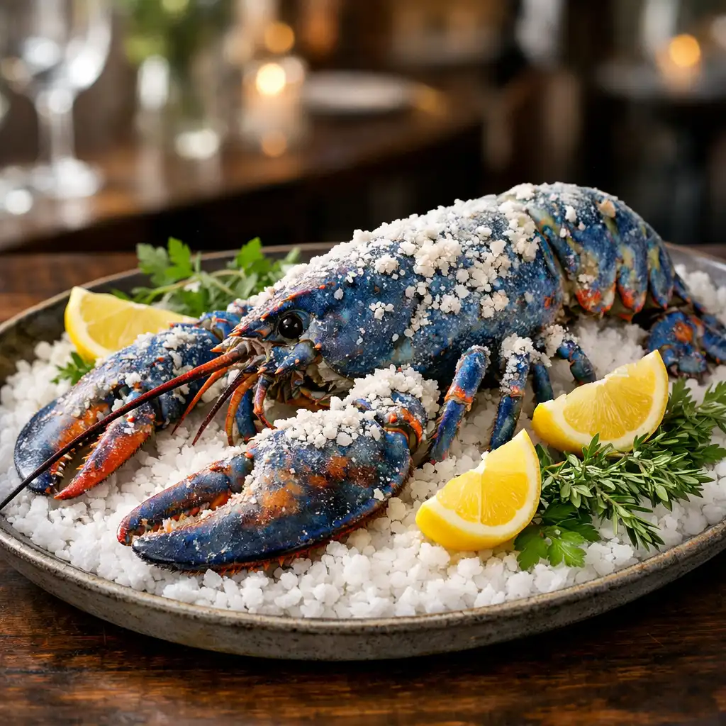 Homard bleu entier cuit en croûte de sel, présenté sur un lit de gros sel avec des herbes fraîches et des quartiers de citron