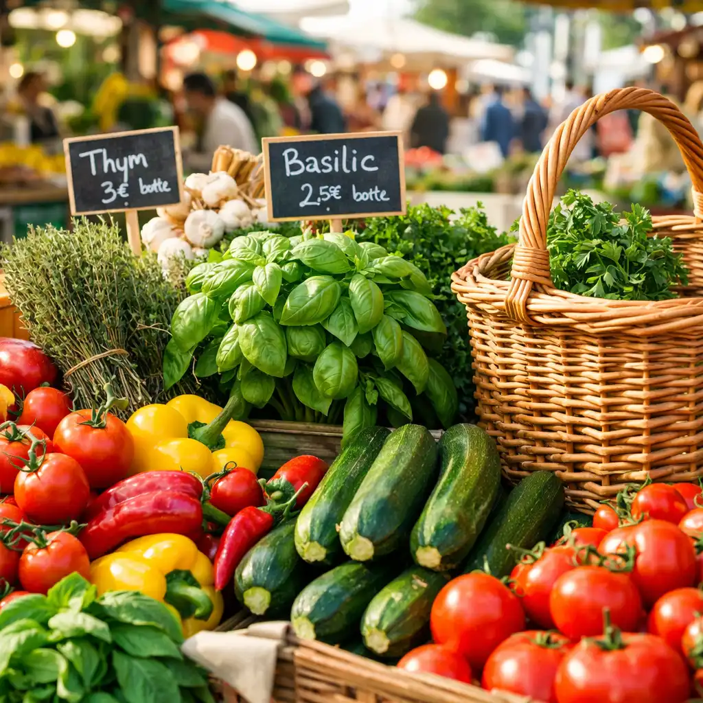 Étal de marché français avec légumes frais, herbes aromatiques et panier en osier