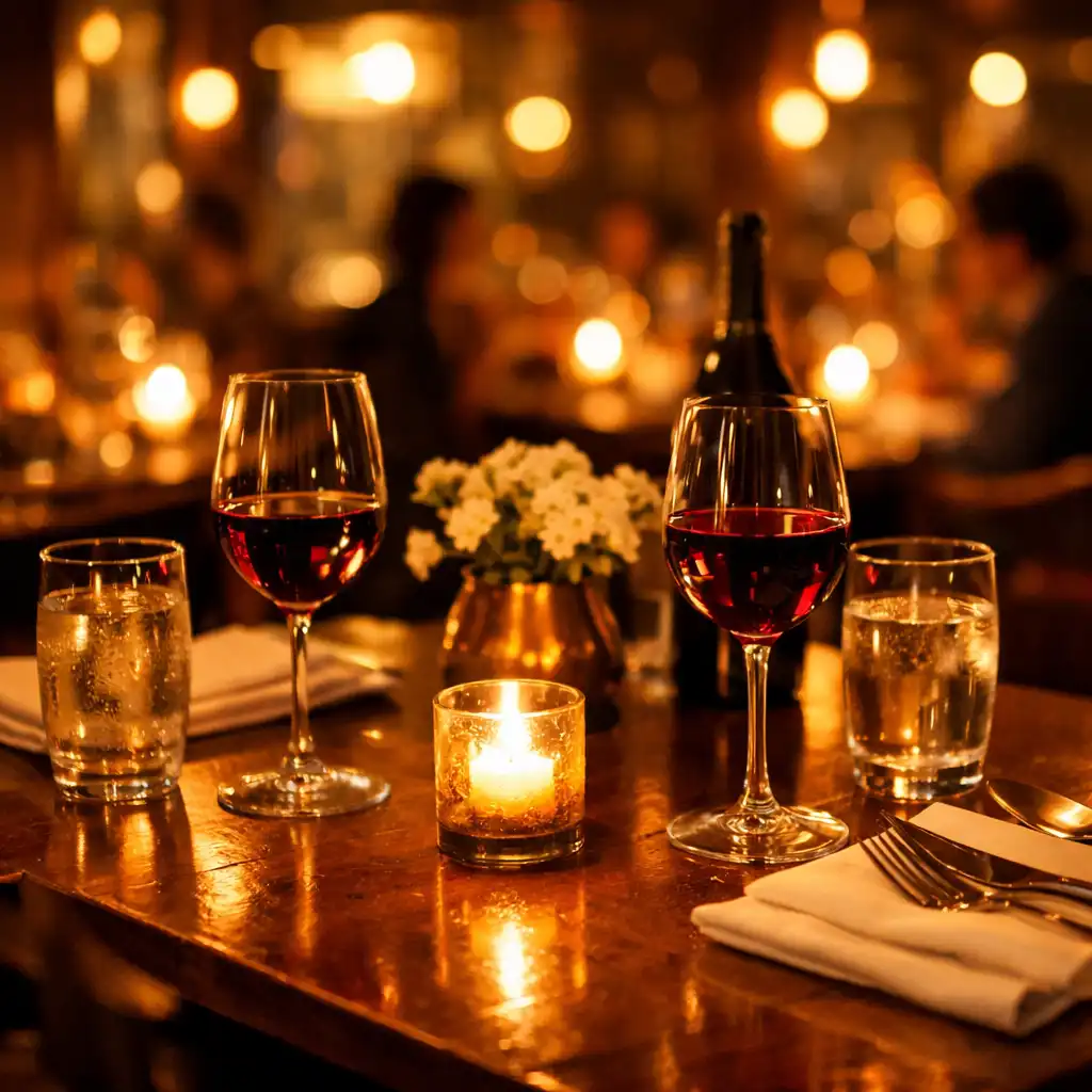 Ambiance du restaurant en soirée avec tables éclairées à la bougie