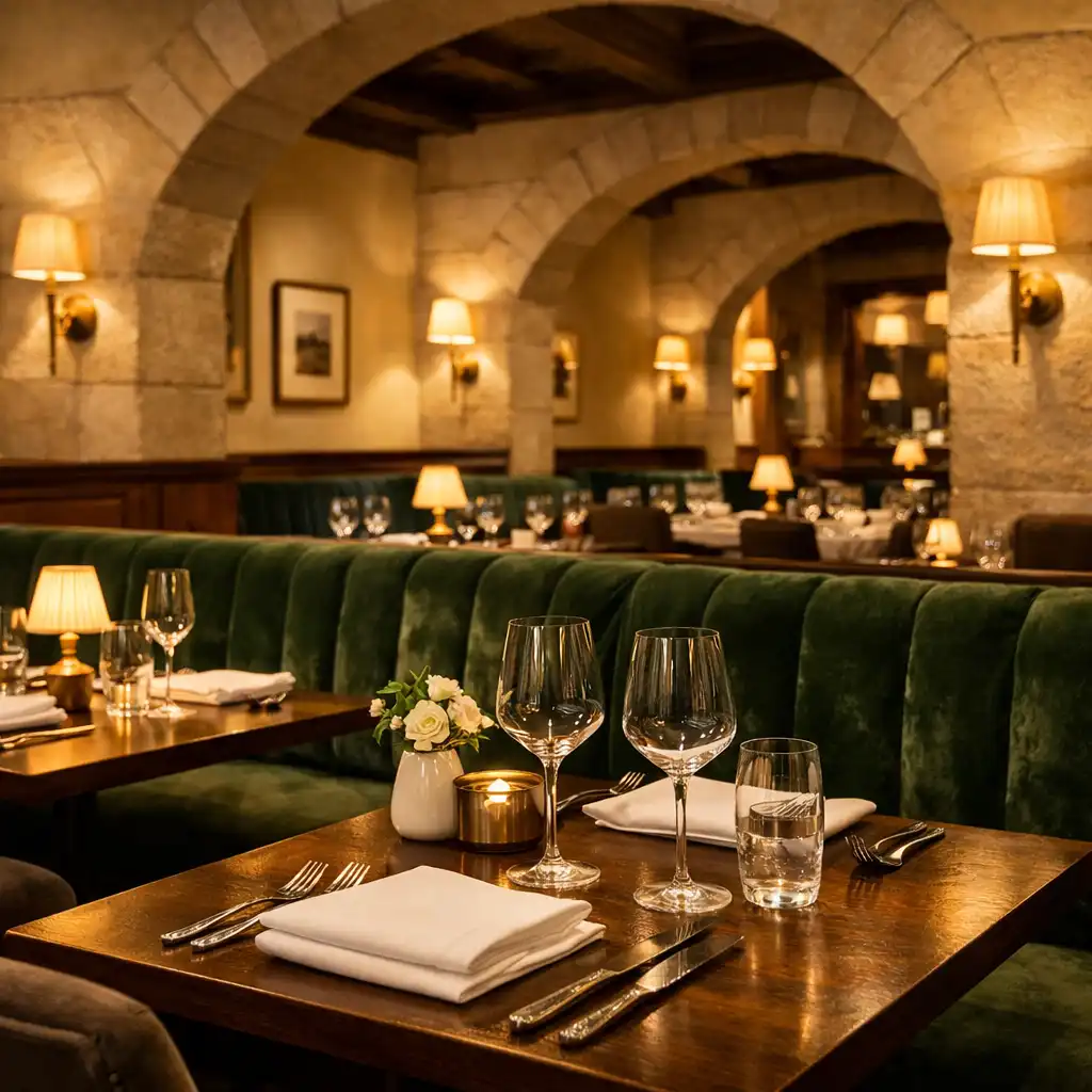 Intérieur élégant du restaurant avec arches architecturales et banquettes en velours