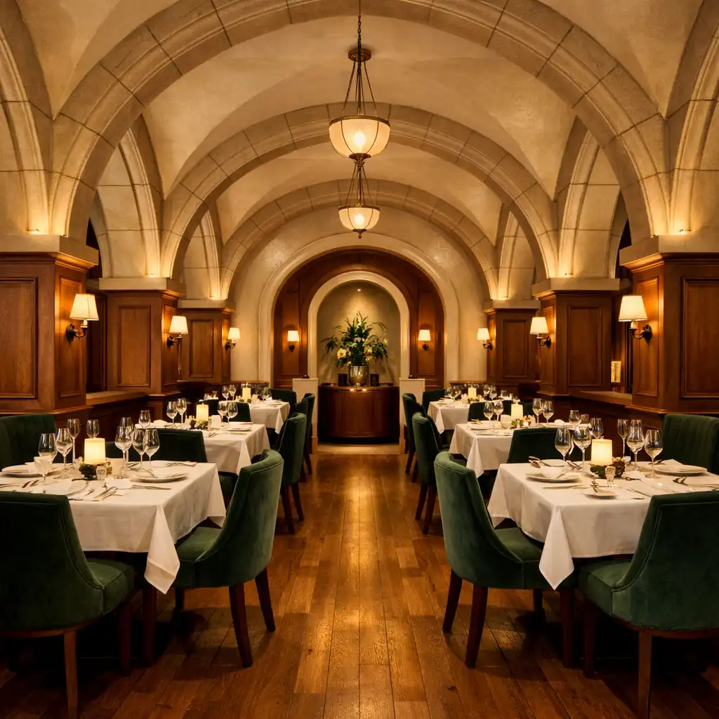 Vue d'ensemble de la salle de restaurant avec arches et tables dressées