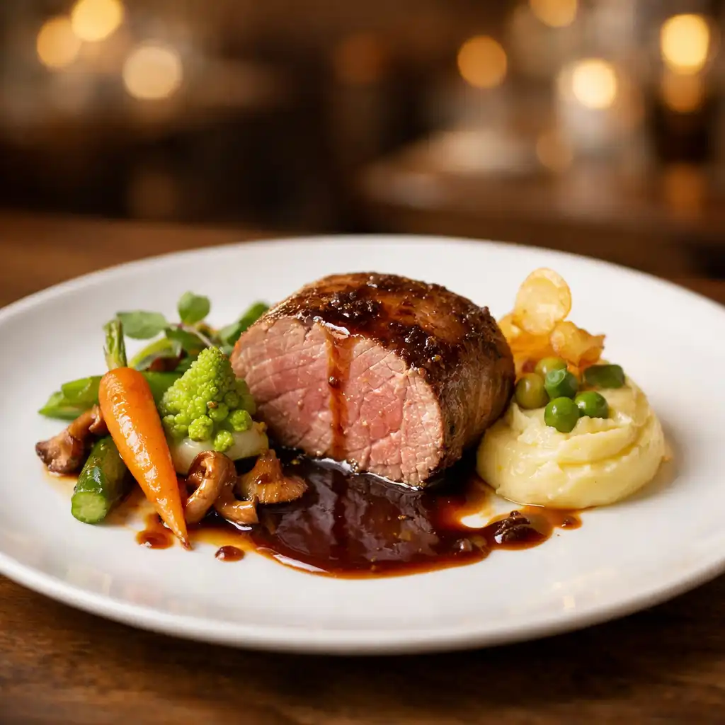 Plat gastronomique français élégamment dressé avec viande rôtie et légumes de saison