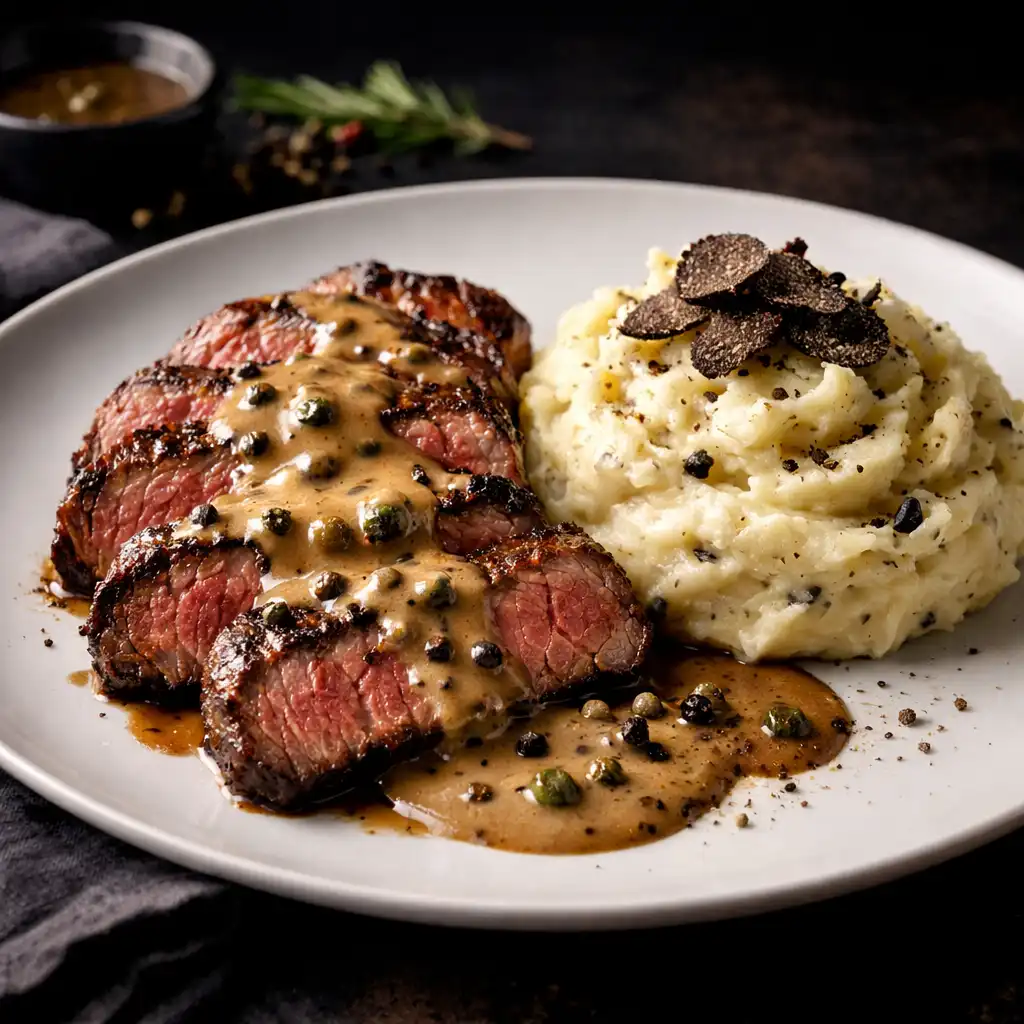 Filet de bœuf sauce au poivre et purée truffée