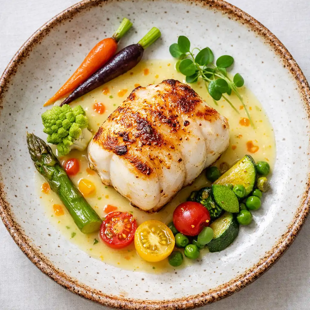 Lotte rôtie au beurre blanc aux agrumes et légumes de saison