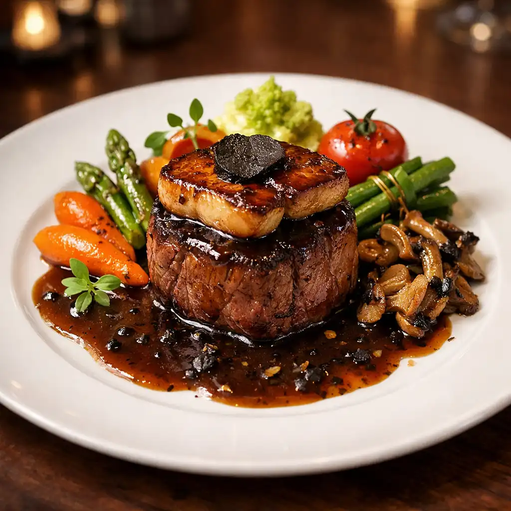 Filet de bœuf Rossini avec foie gras poêlé et sauce truffée