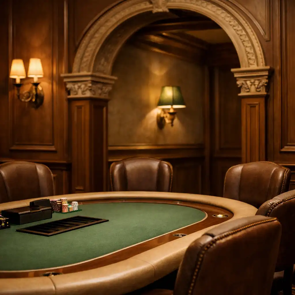 Coin élégant de l'espace poker avec table, chaises en cuir et arches décoratives