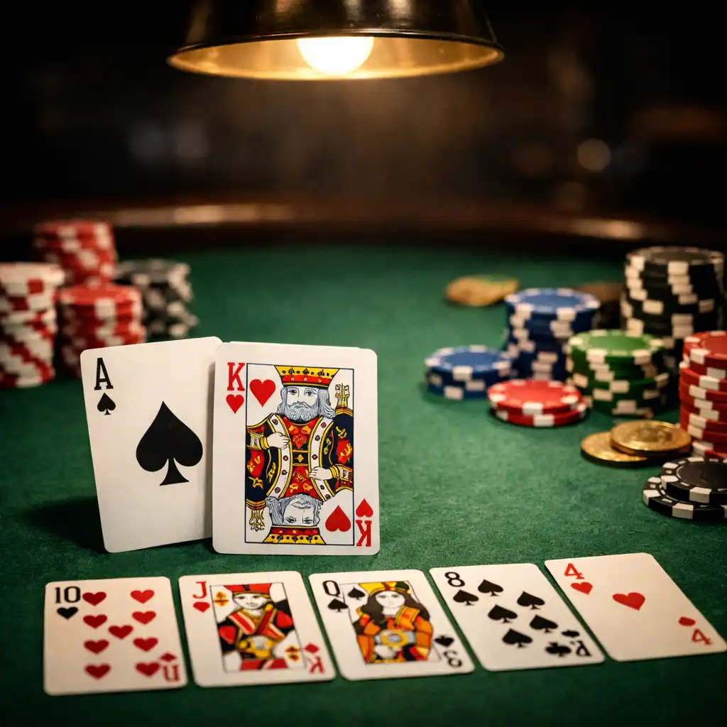 Table de poker élégante avec cartes et jetons dans une ambiance feutrée