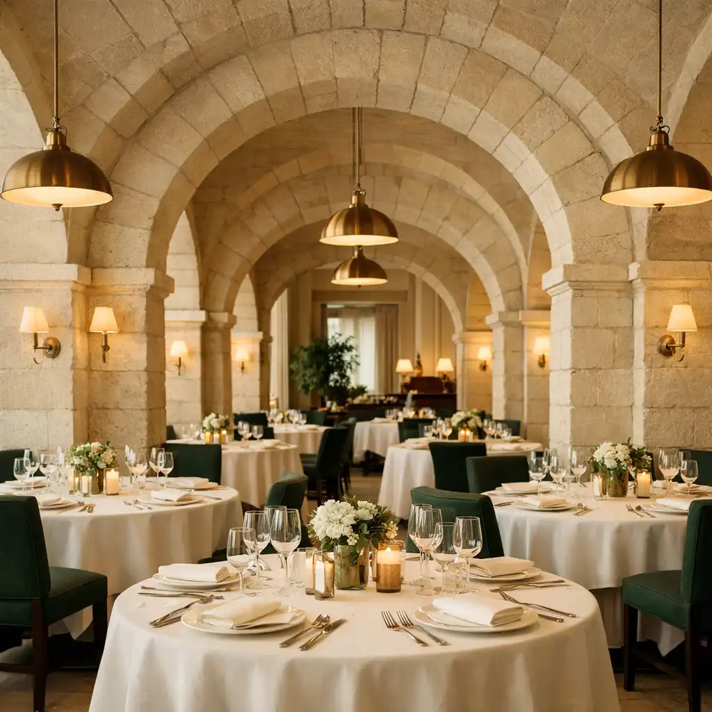 Salle du restaurant Saveurs de la Maison avec arches élégantes et tables dressées