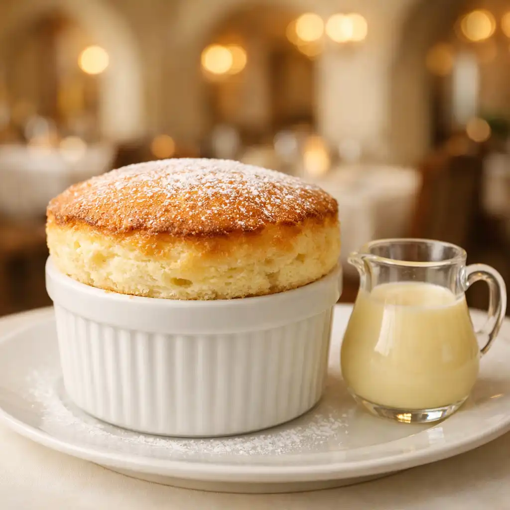 Soufflé au Grand Marnier gonflé et doré, servi dans un ramequin avec une carafe de crème anglaise