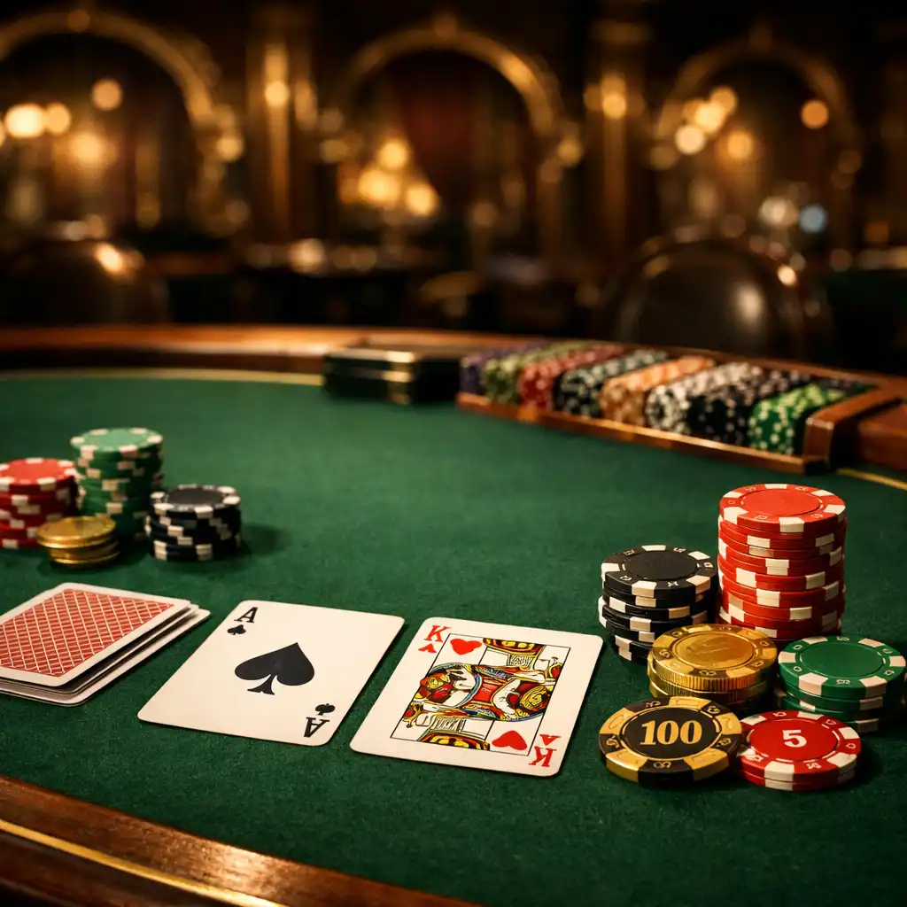 Table de jeu élégante avec des cartes à jouer, des jetons de poker et un tapis vert, sans aucune personne