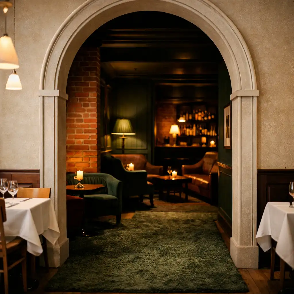 Arche menant d'un restaurant lumineux à un espace plus sombre et feutré